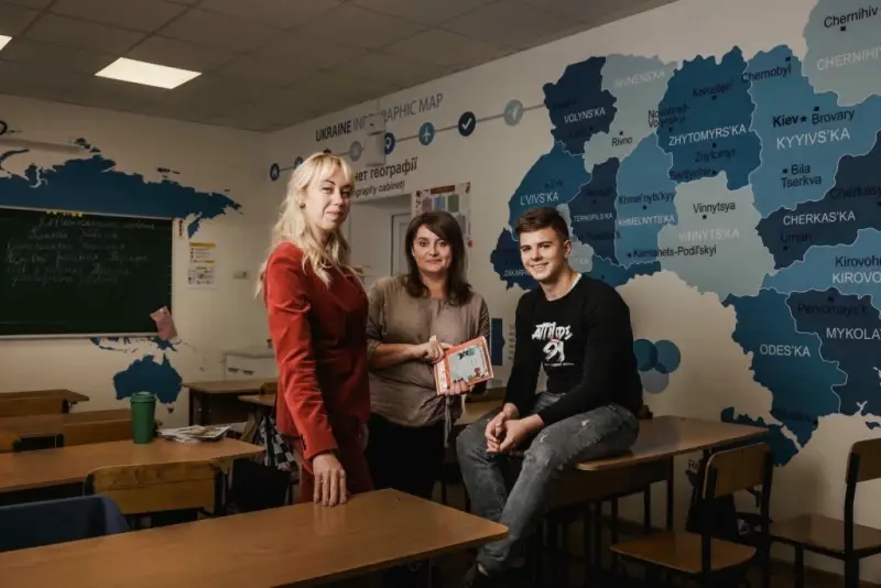 Viktoria Marchenko, head of the Department of education of the Krasnosilska community, Odesa Region;
Diana Karpenko, teacher;  Vladyslav Rodenko, student